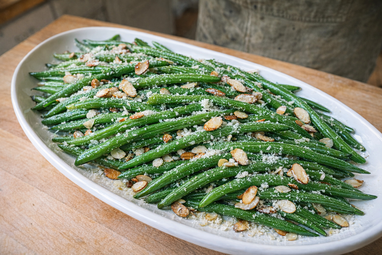 Overhead shot of perfectly baked green beans on a white serving platter, speckled with toasted almonds and parmesan cheese, bright natural lighting